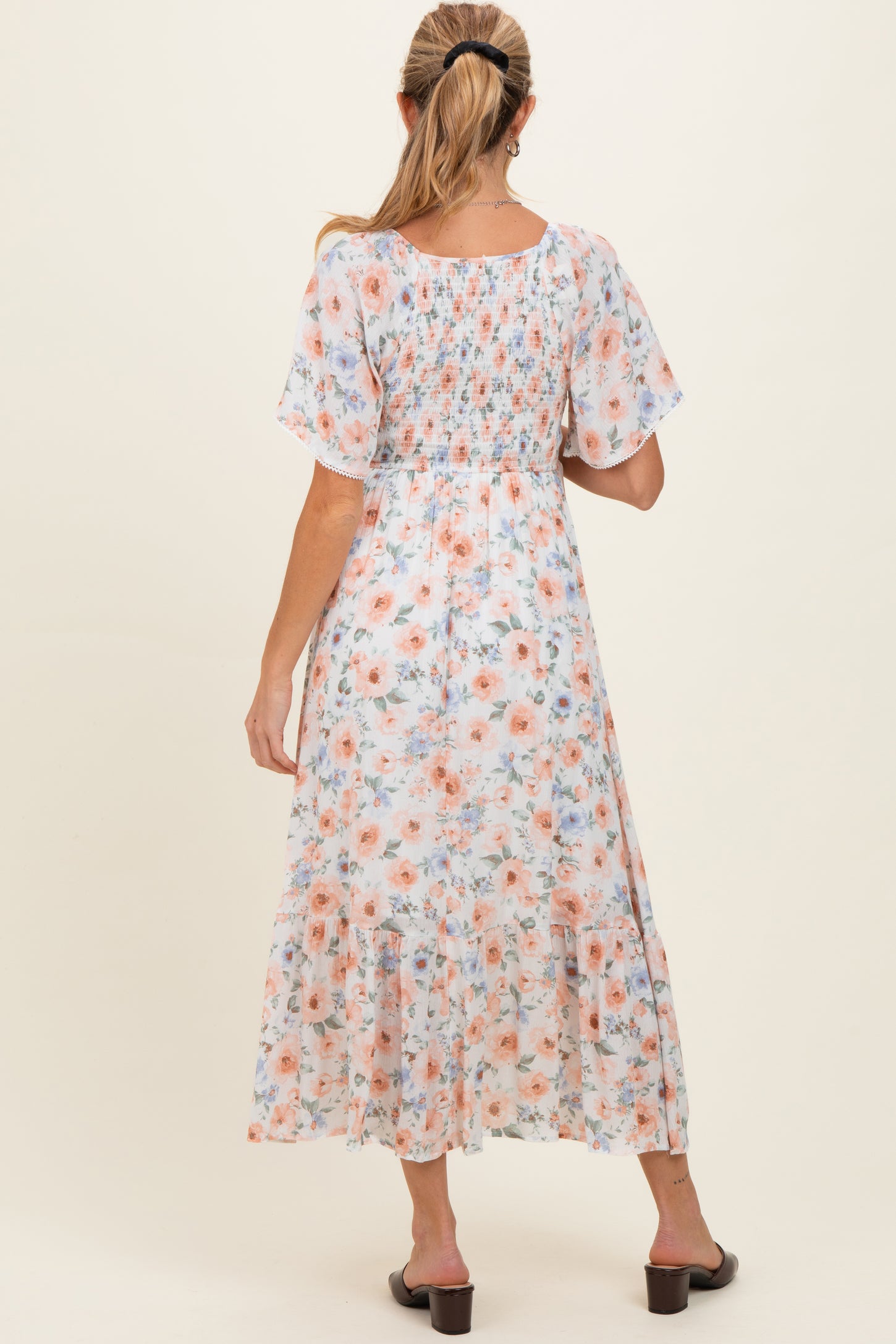 Multicolor Floral Smocked Flutter Sleeve Maternity Maxi Dress
