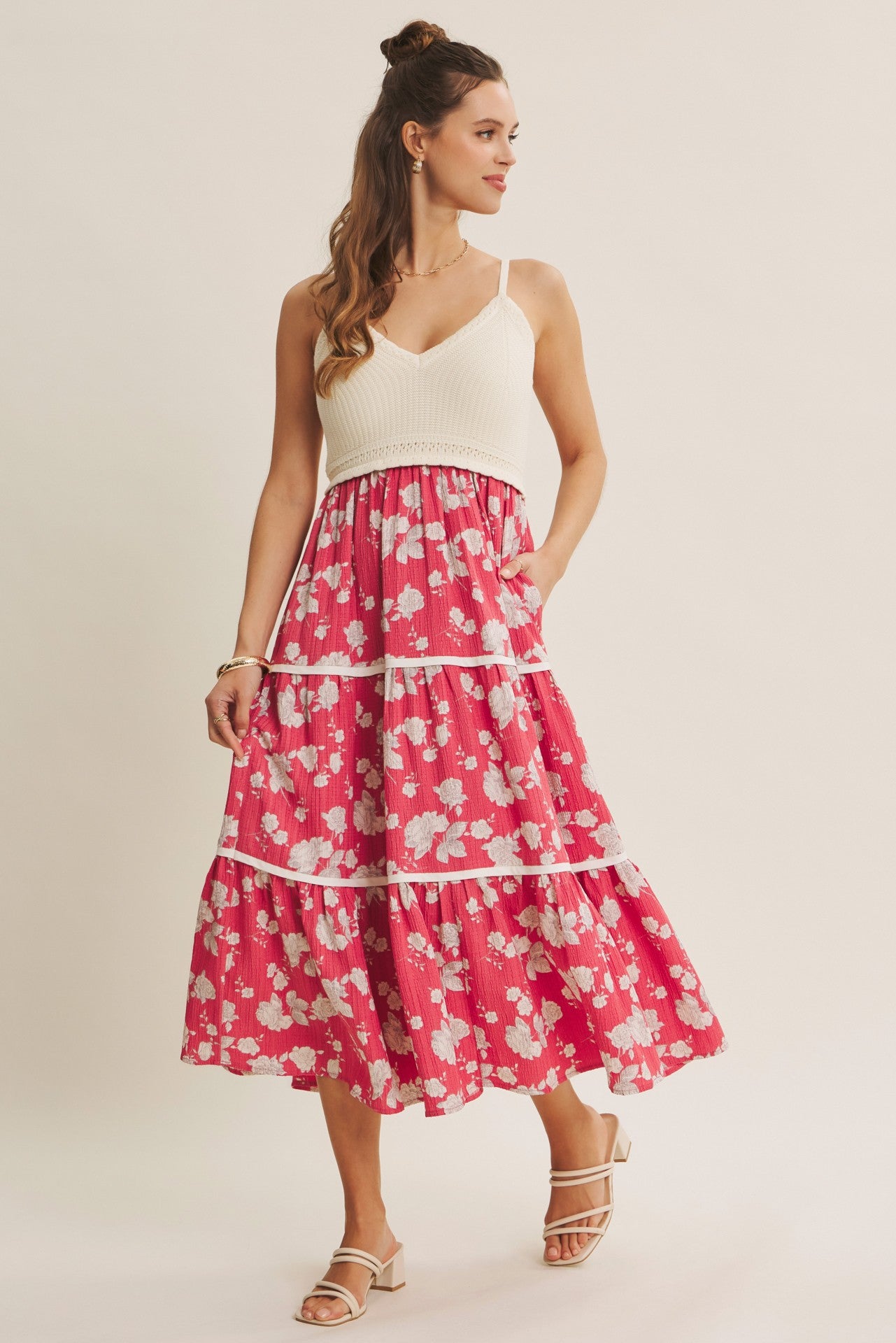 Cherry Red Floral Crochet Knit Top Floral Skirt Dress
