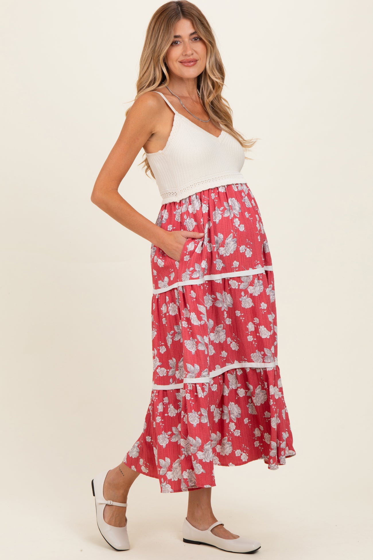 Cherry Red Floral Crochet Knit Top Floral Skirt Maternity Dress