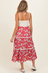 Cherry Red Floral Crochet Knit Top Floral Skirt Maternity Dress