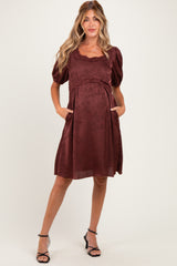Brown Short Sleeve Lace Trim Maternity Dress