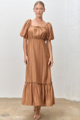 Mocha Textured Woven Square Neck Midi Dress