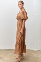 Mocha Textured Woven Square Neck Midi Dress