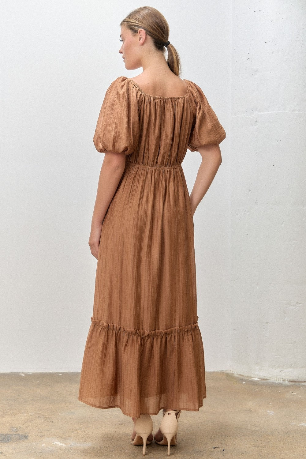 Mocha Textured Woven Square Neck Midi Dress