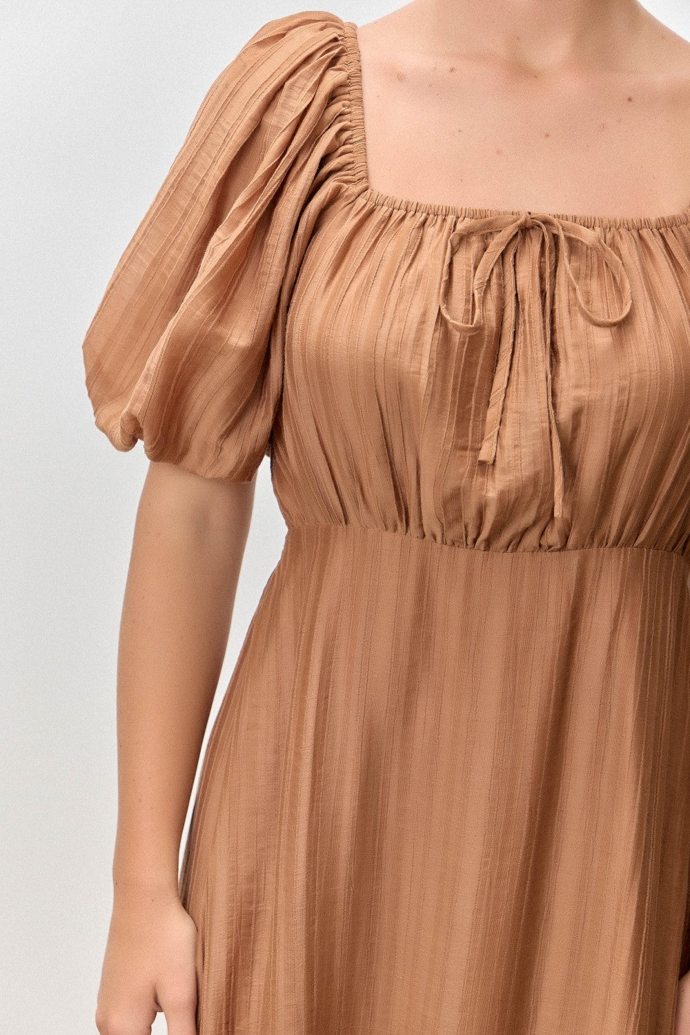 Mocha Textured Woven Square Neck Midi Dress