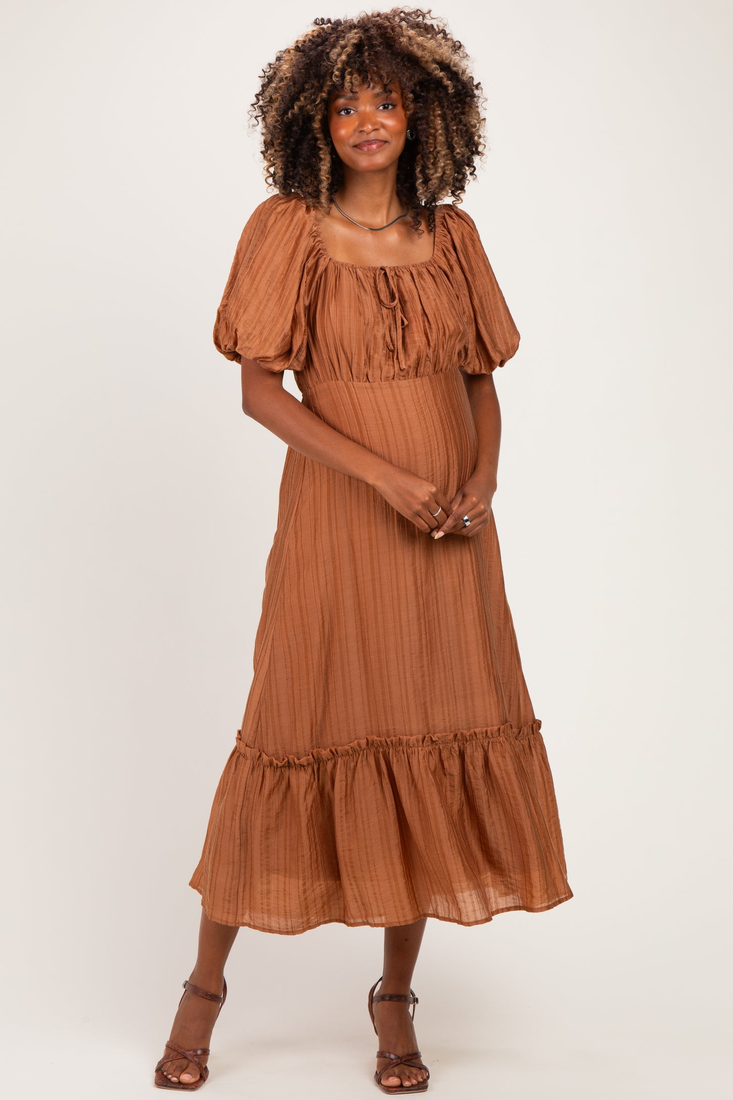 Mocha Textured Woven Square Neck Maternity Midi Dress