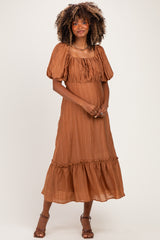 Mocha Textured Woven Square Neck Maternity Midi Dress