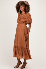 Mocha Textured Woven Square Neck Maternity Midi Dress