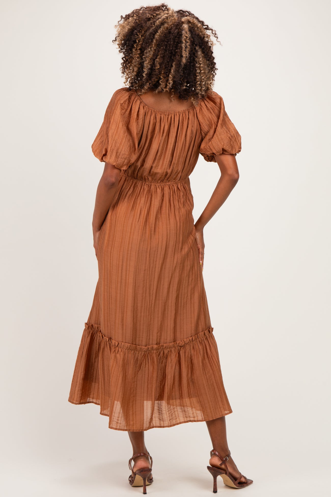 Mocha Textured Woven Square Neck Maternity Midi Dress