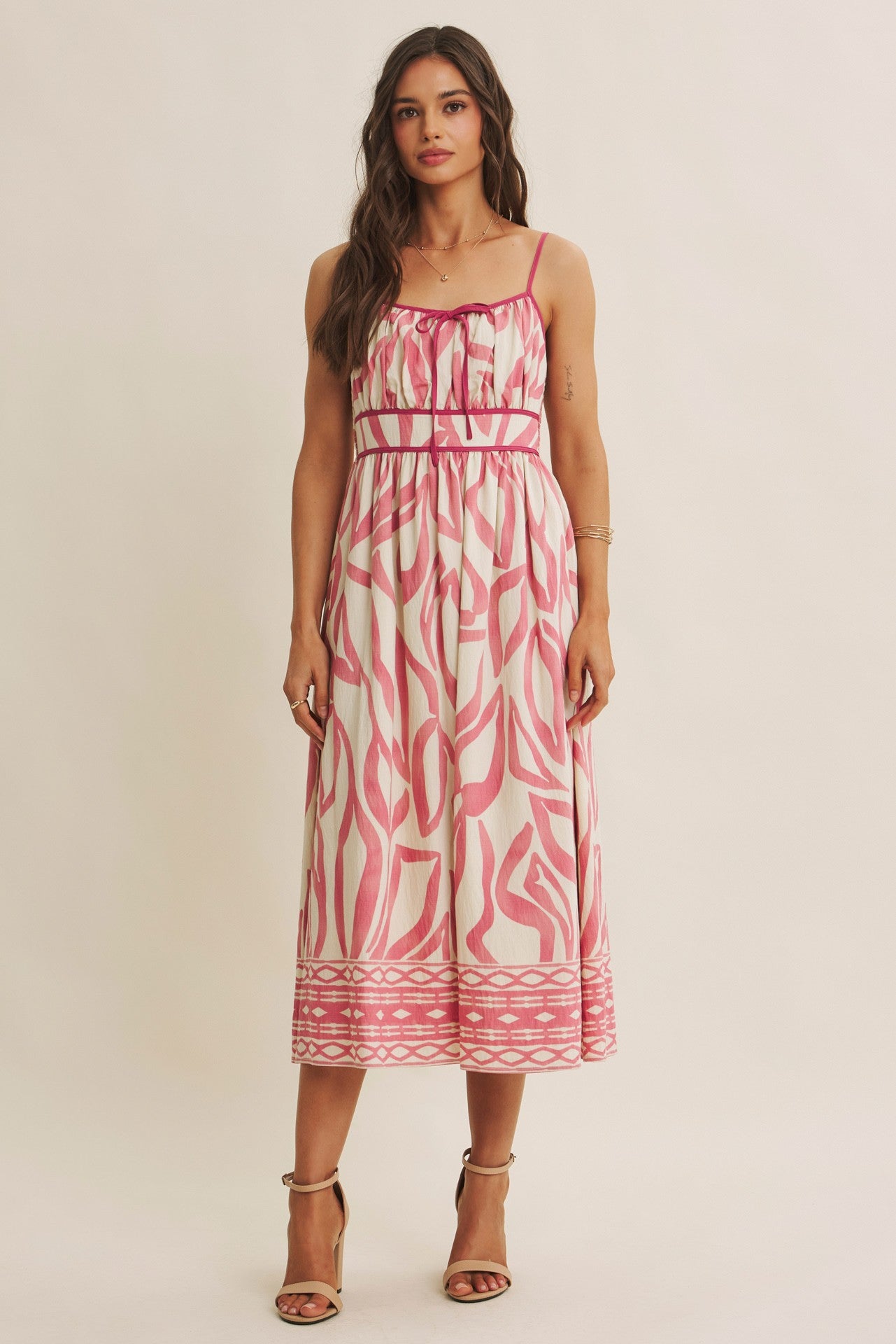 Pink Printed Front Tie Midi Dress