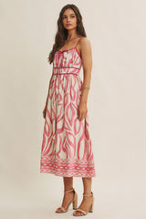 Pink Printed Front Tie Midi Dress