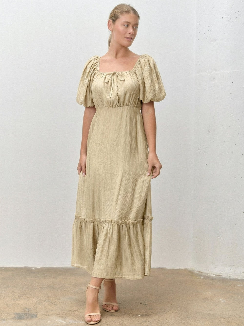 Beige Textured Woven Square Neck Maternity Midi Dress
