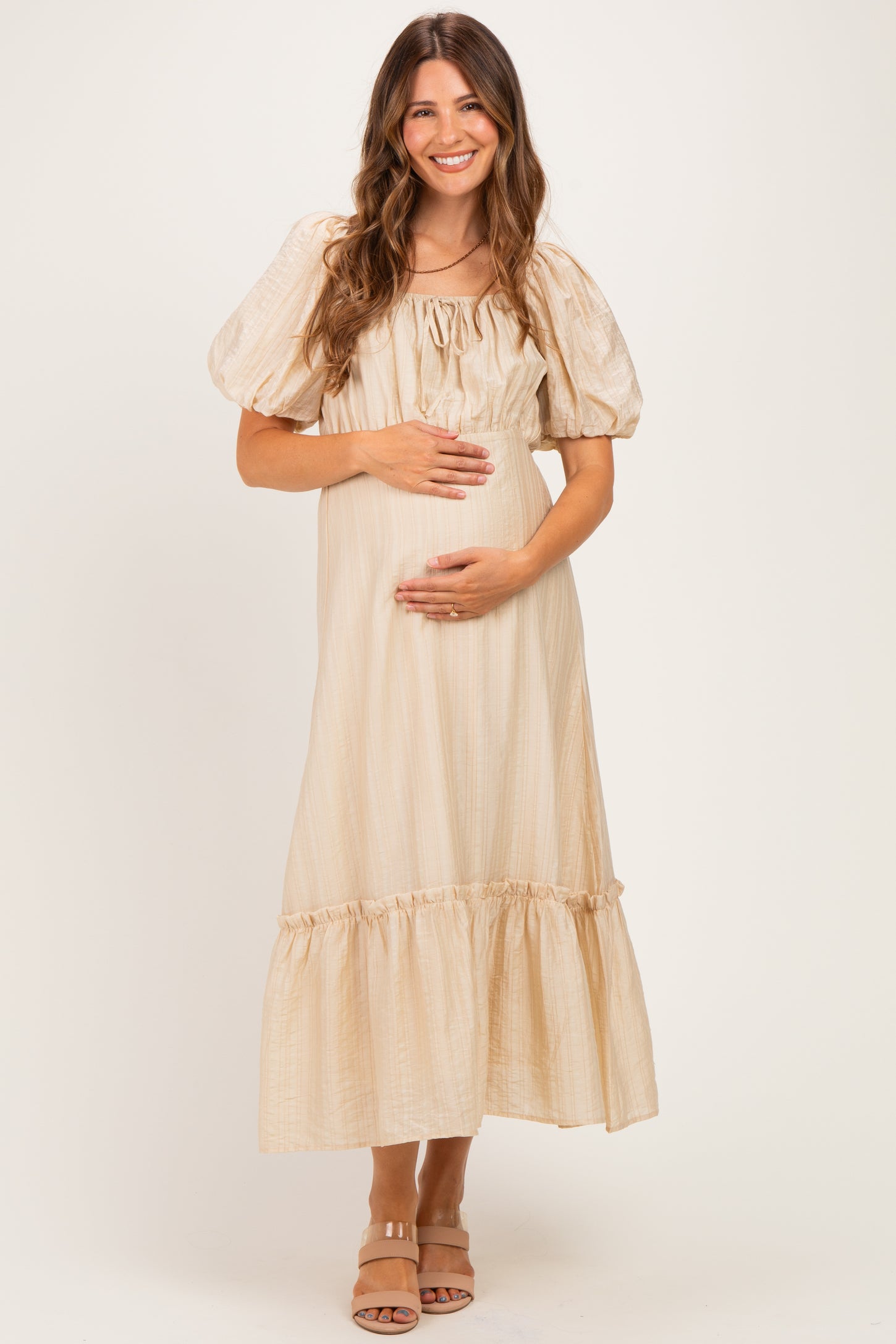 Beige Textured Woven Square Neck Maternity Midi Dress