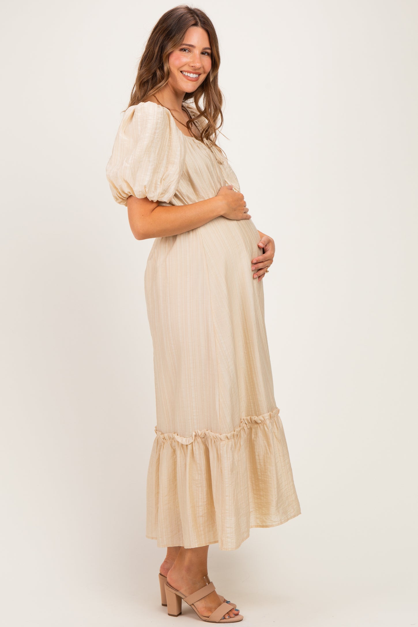 Beige Textured Woven Square Neck Maternity Midi Dress