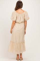Beige Textured Woven Square Neck Maternity Midi Dress