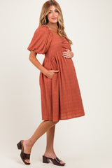 Brick Textured Bubble Sleeve Maternity Dress