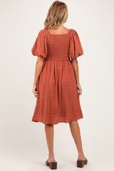 Brick Textured Bubble Sleeve Maternity Dress