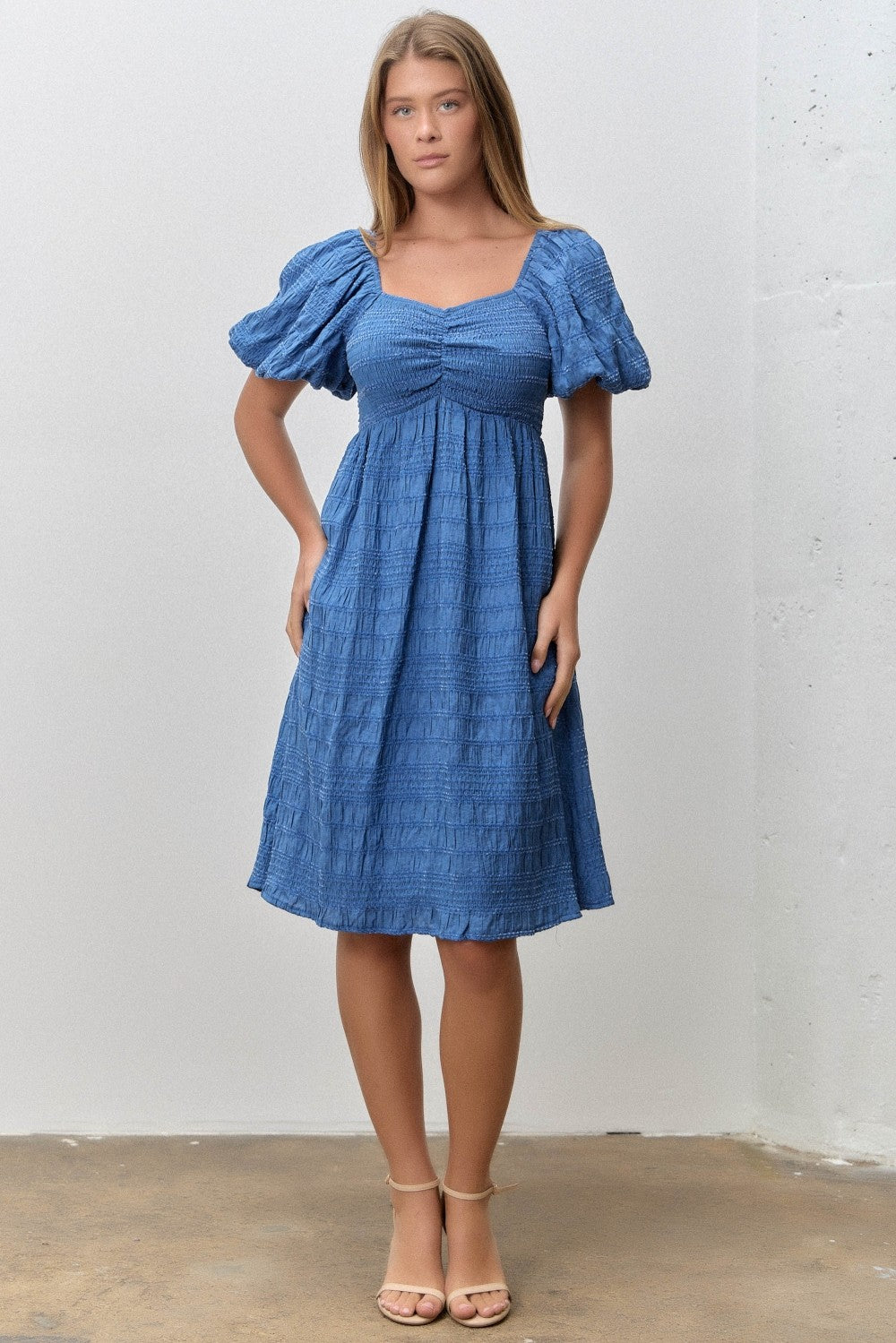 Blue Textured Bubble Sleeve Maternity Dress