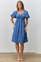 Blue Textured Bubble Sleeve Maternity Dress