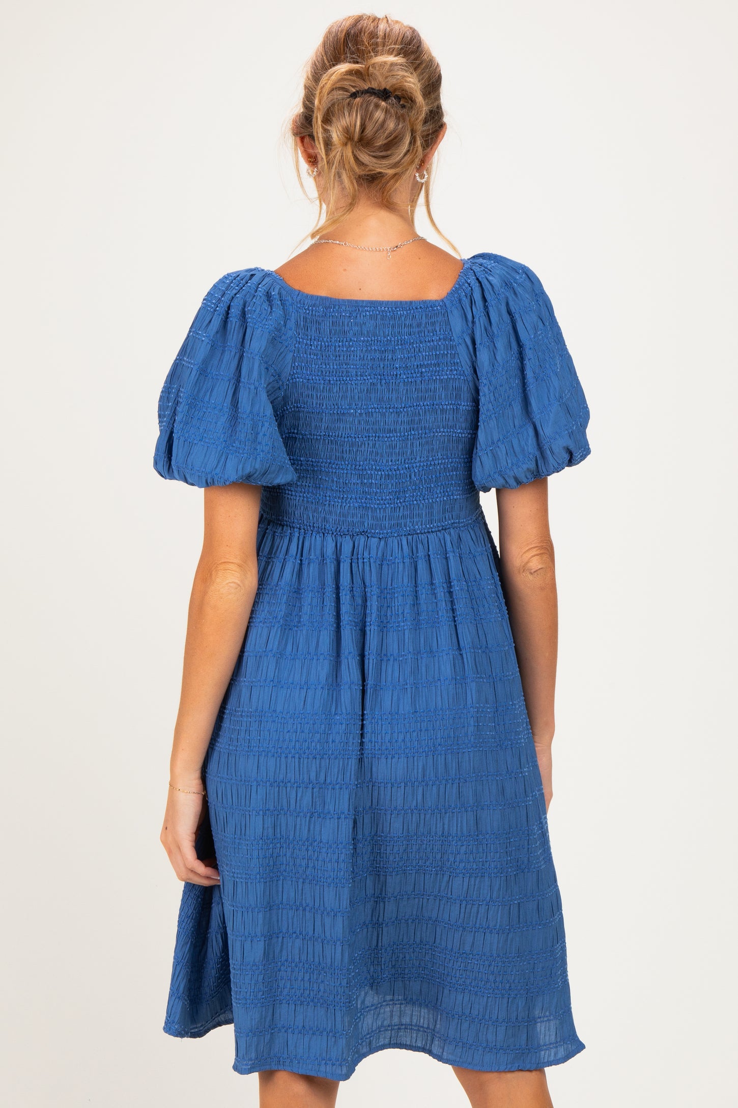 Blue Textured Bubble Sleeve Maternity Dress