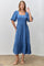 Blue Textured Square Neck Bubble Sleeve Midi Dress