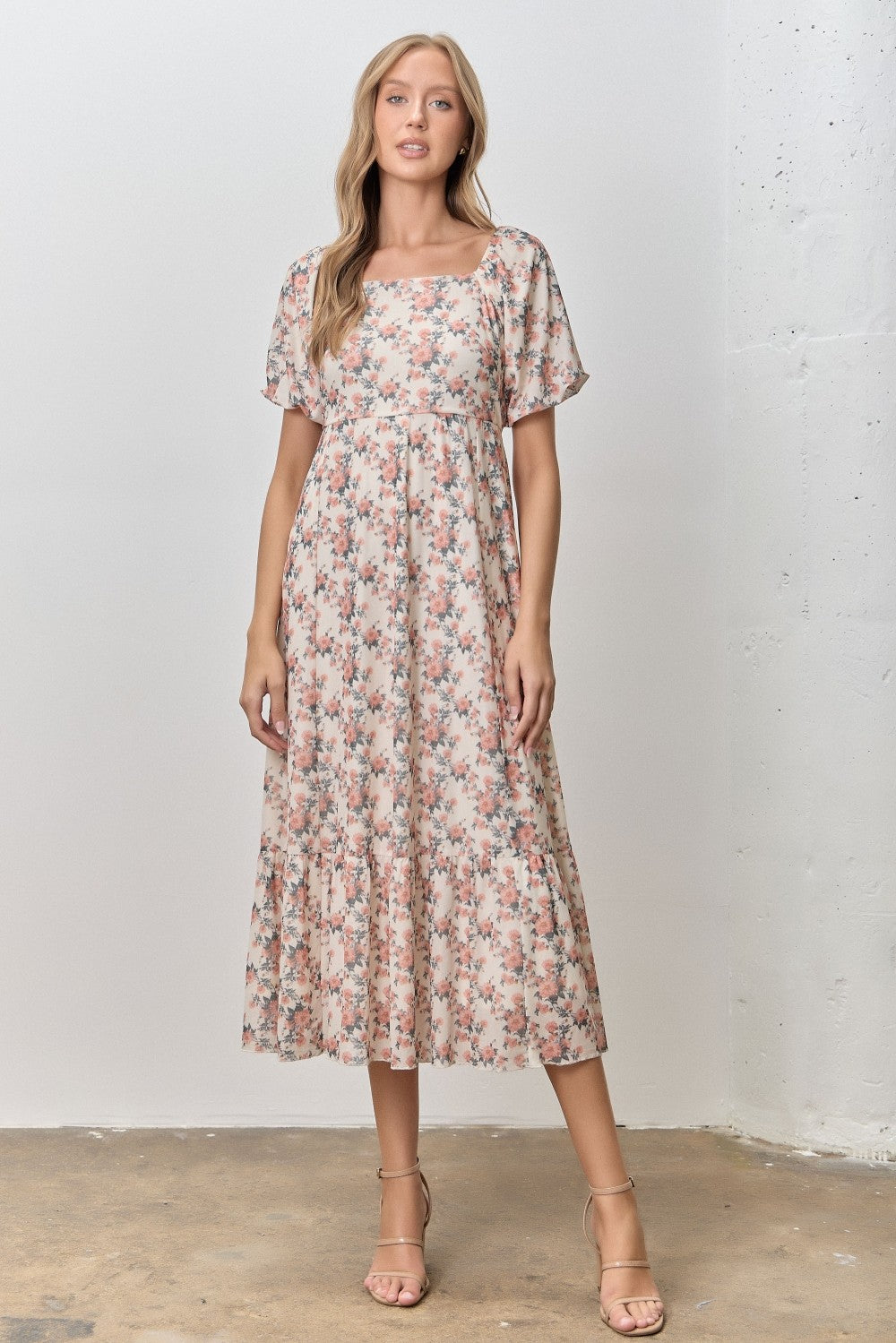 Cream Multi Floral Print Bubble Sleeve Midi Dress