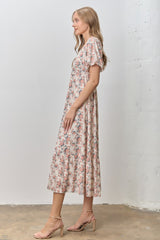 Cream Multi Floral Print Bubble Sleeve Midi Dress