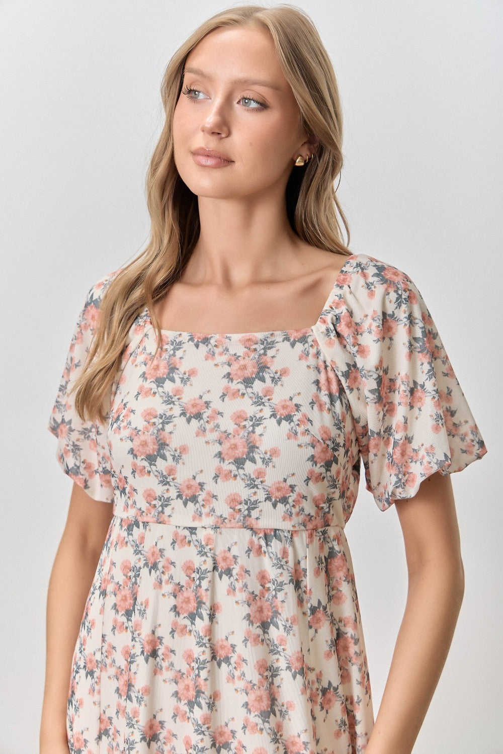 Cream Multi Floral Print Bubble Sleeve Midi Dress