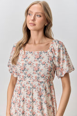 Cream Multi Floral Print Bubble Sleeve Midi Dress