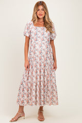 Cream Multi Floral Print Bubble Sleeve Maternity Midi Dress