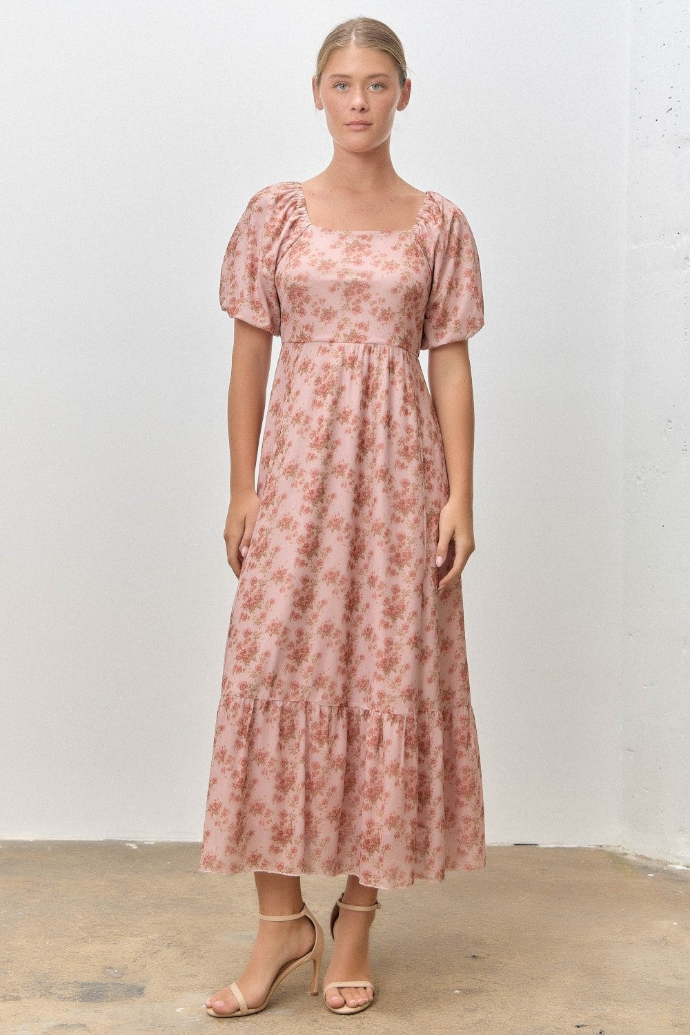 Pink Multi Floral Print Bubble Sleeve Midi Dress