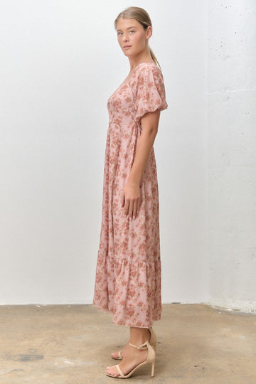 Pink Multi Floral Print Bubble Sleeve Midi Dress