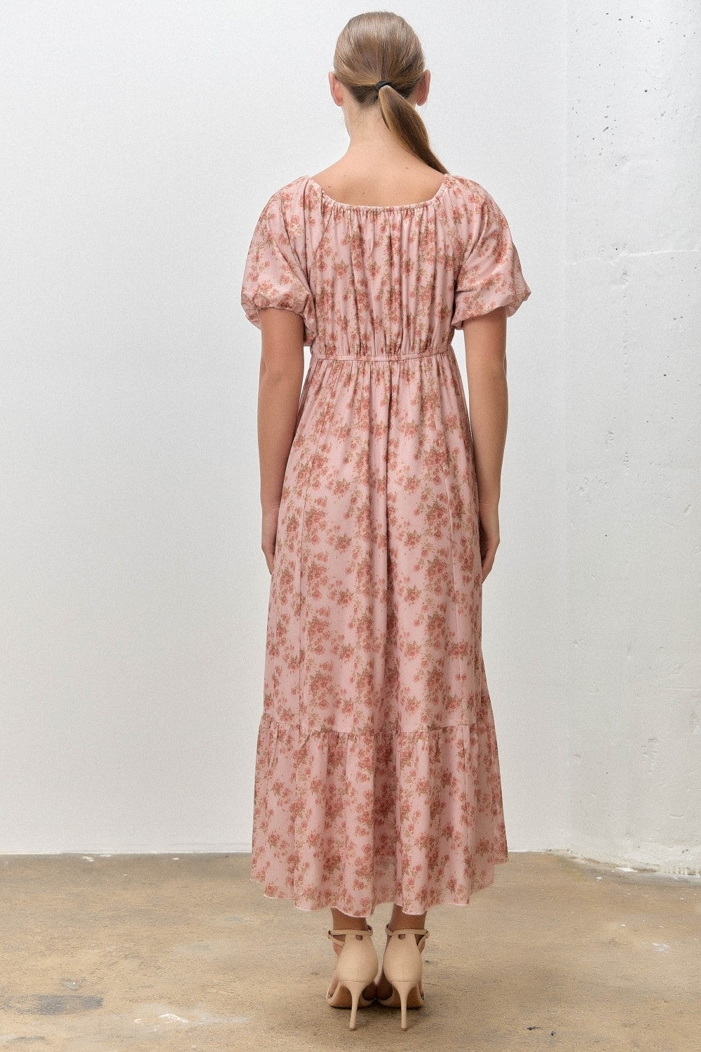 Pink Multi Floral Print Bubble Sleeve Midi Dress