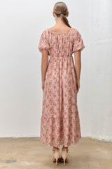 Pink Multi Floral Print Bubble Sleeve Midi Dress