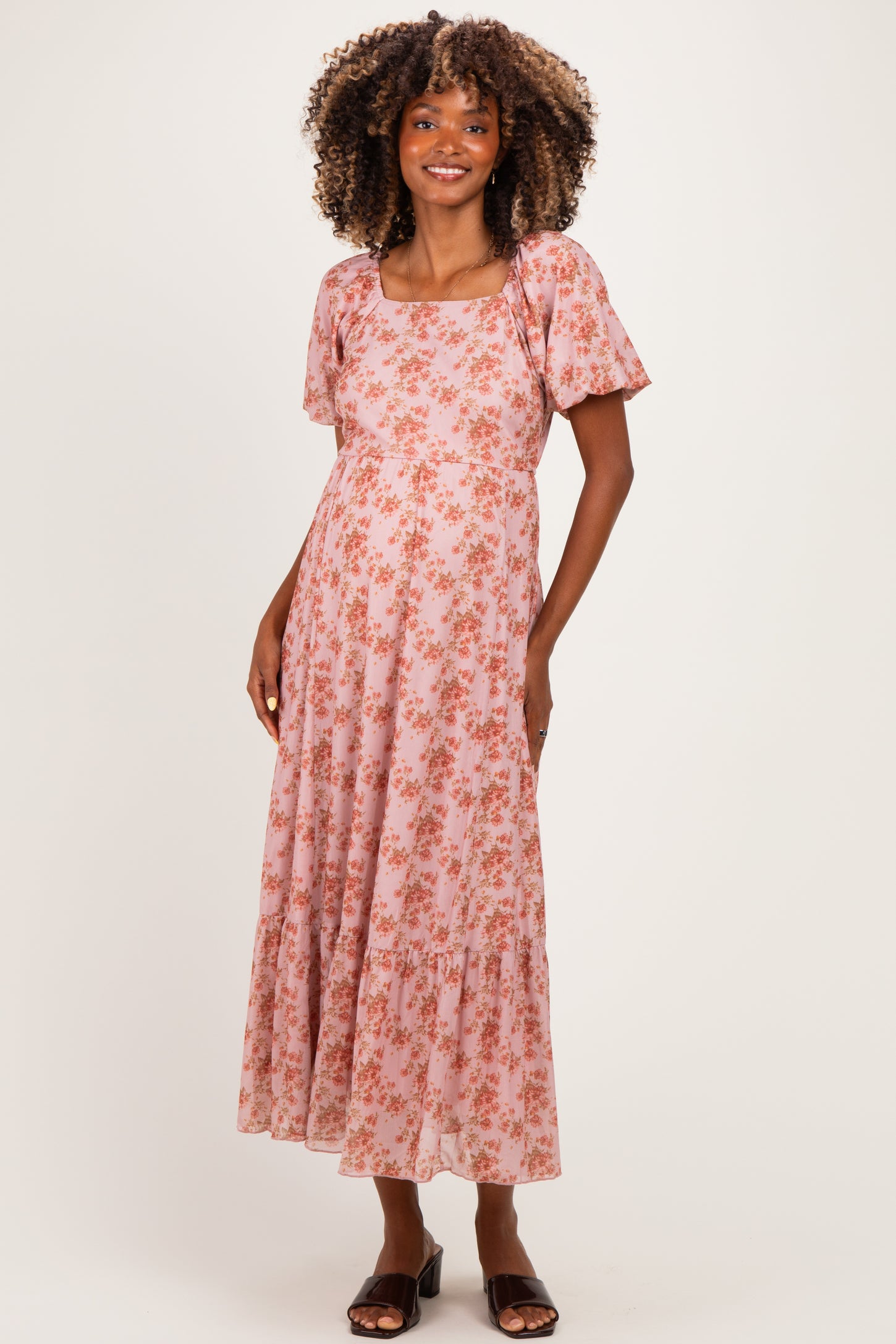 Pink Multi Floral Print Bubble Sleeve Maternity Midi Dress