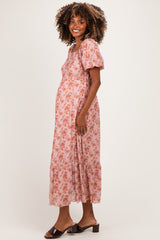 Pink Multi Floral Print Bubble Sleeve Maternity Midi Dress