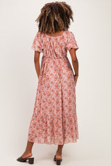 Pink Multi Floral Print Bubble Sleeve Maternity Midi Dress