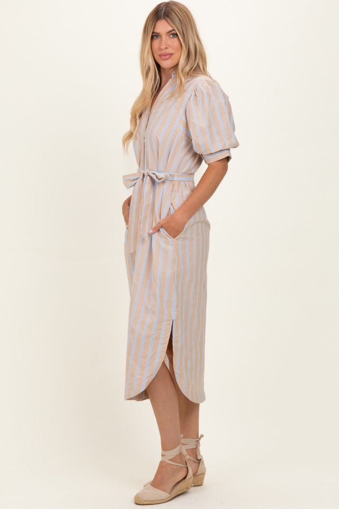 Sand Striped Puff Sleeve Midi Shirt Dress
