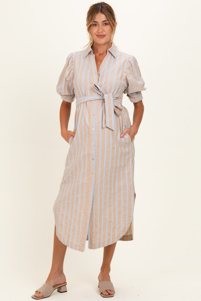 Sand Striped Puff Sleeve Maternity Midi Shirt Dress