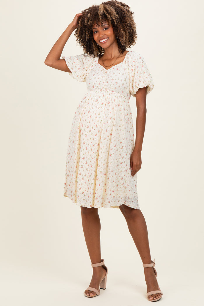 Ivory Floral Sweetheart Neckline Maternity Dress