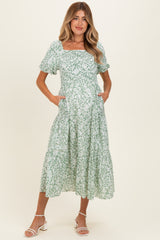 Green Floral Smocked Short Sleeve Maternity Midi Dress