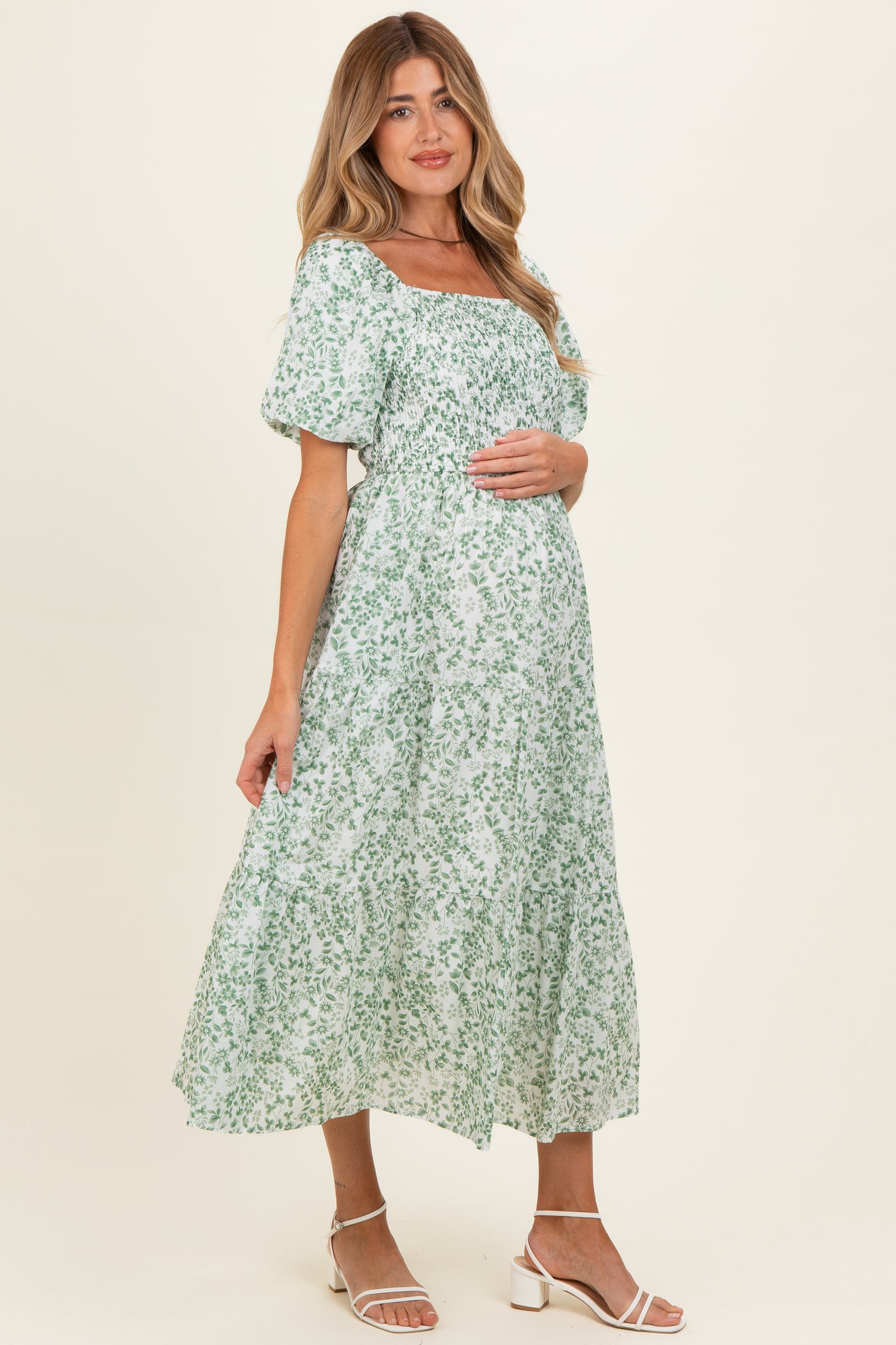 Green Floral Smocked Short Sleeve Maternity Midi Dress