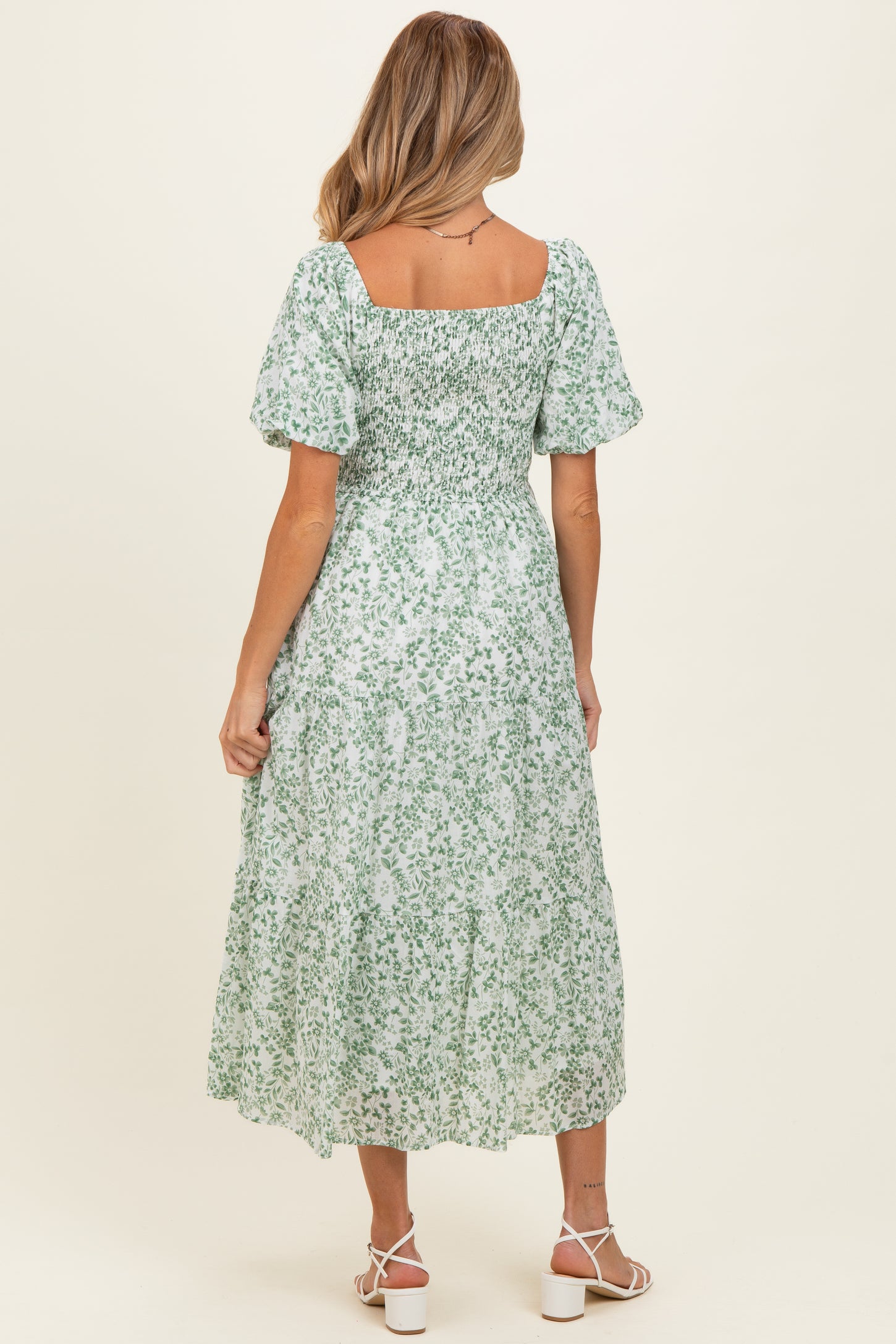 Green Floral Smocked Short Sleeve Maternity Midi Dress