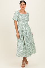 Green Floral Smocked Short Sleeve Midi Dress