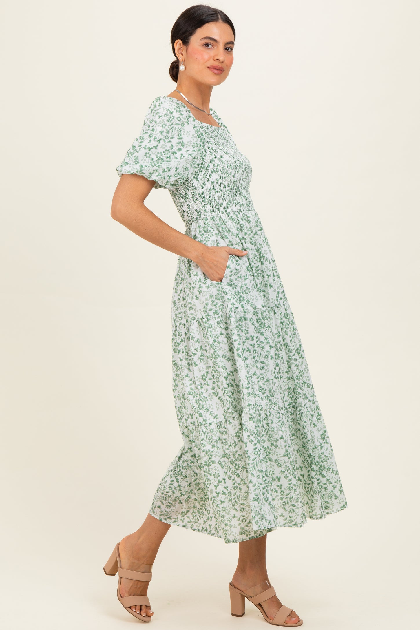 Green Floral Smocked Short Sleeve Midi Dress