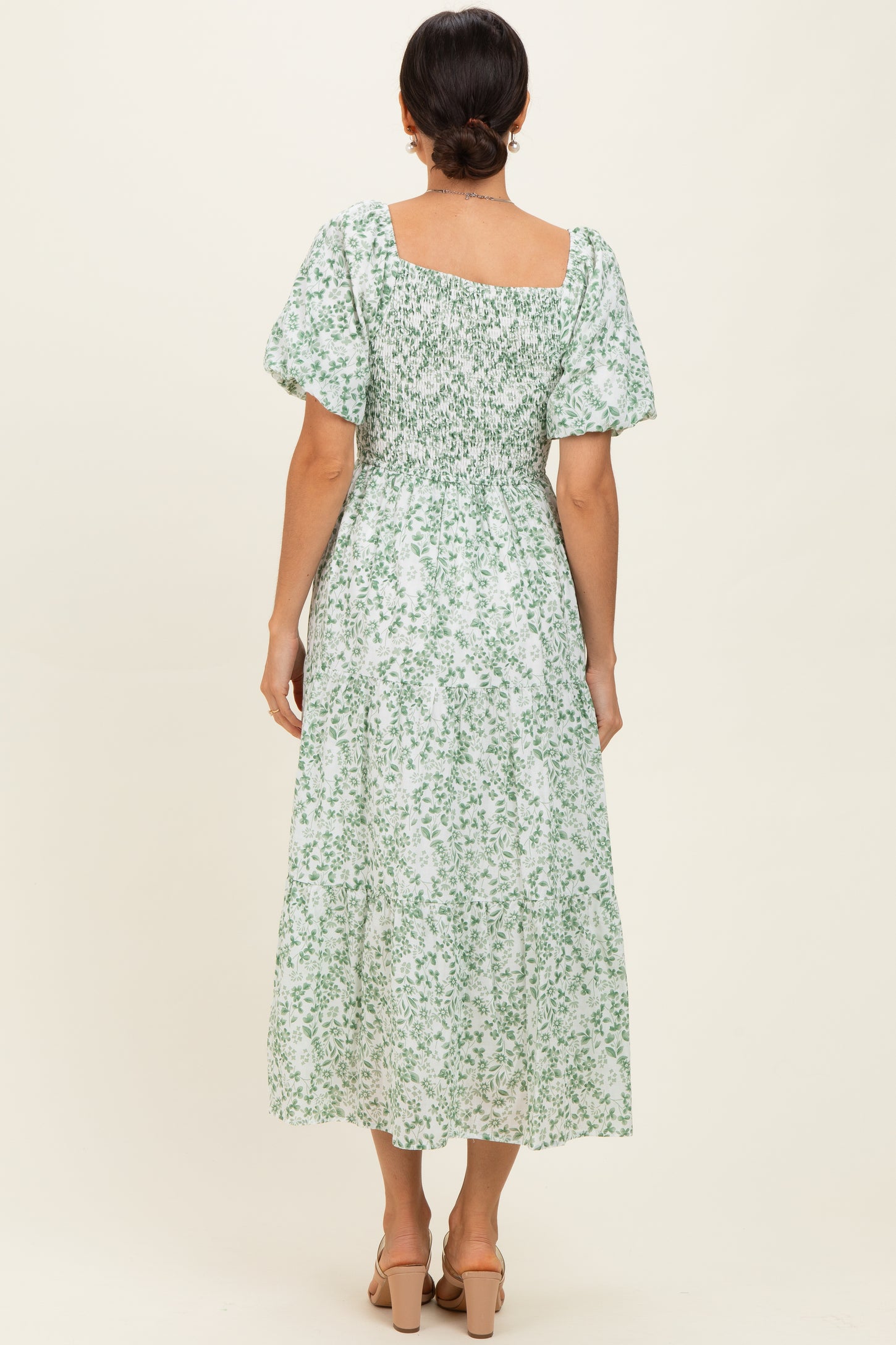 Green Floral Smocked Short Sleeve Midi Dress