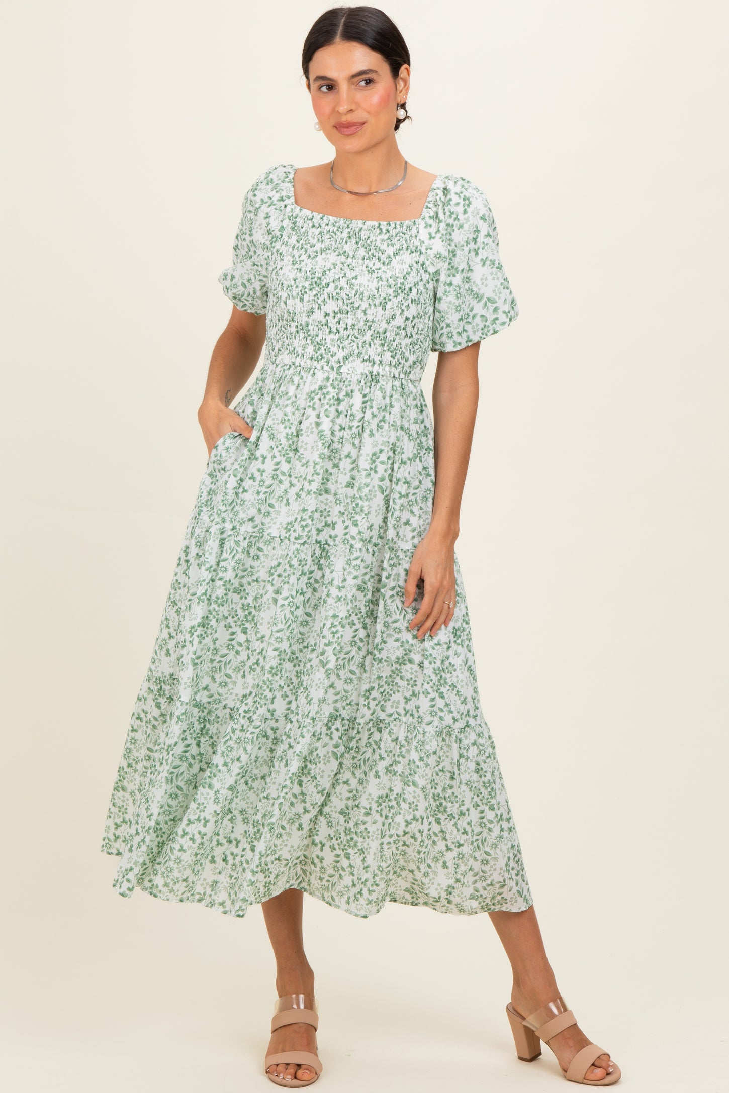 Green Floral Smocked Short Sleeve Midi Dress