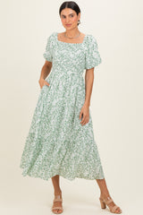 Green Floral Smocked Short Sleeve Maternity Midi Dress