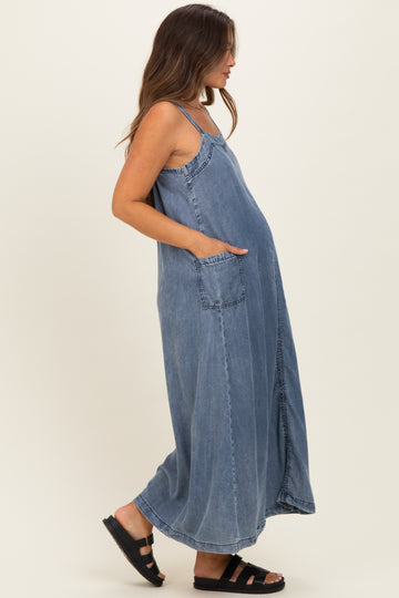 Denim Blue Sleeveless Side Pocket Maternity Dress