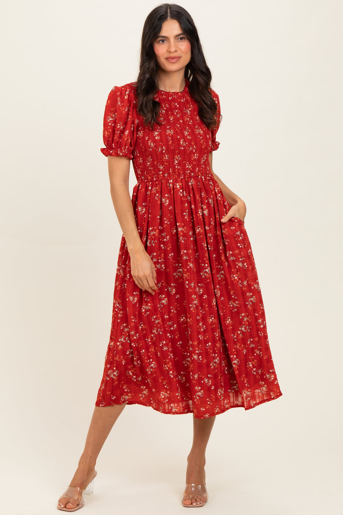 Red Floral Smocked Midi Dress